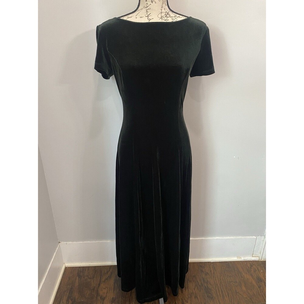 Vintage CDC Emerald Green Velvet Maxi Dress Crossed Back Size 6 90s Formal Party